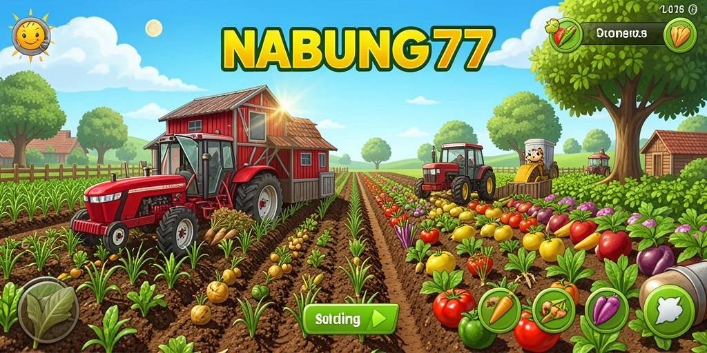 Screenshot gameplay utama NABUNG77, menunjukkan aktivitas bertani yang seru.
