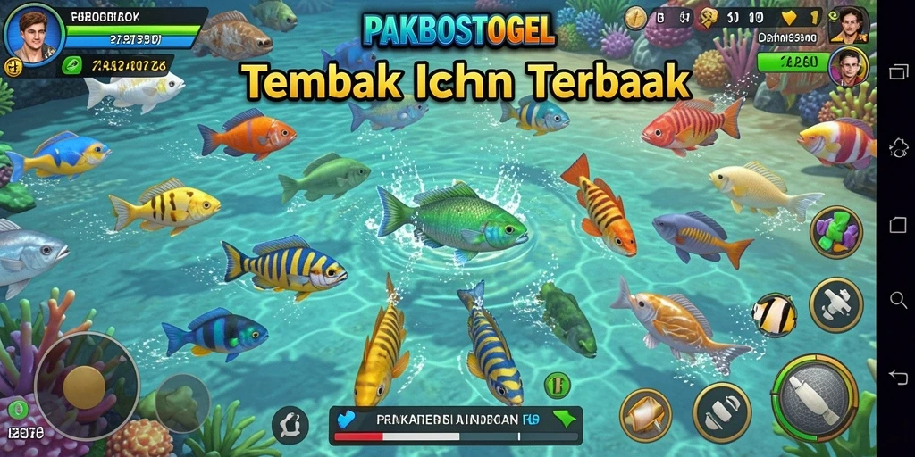 Screenshot gameplay PAKBOSTOGEL dengan aksi menembak ikan.