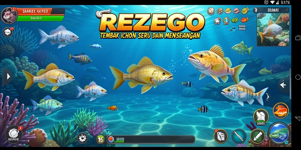 Tampilan utama gameplay <strong>REZEGO</strong> dengan aksi menangkap ikan yang seru.